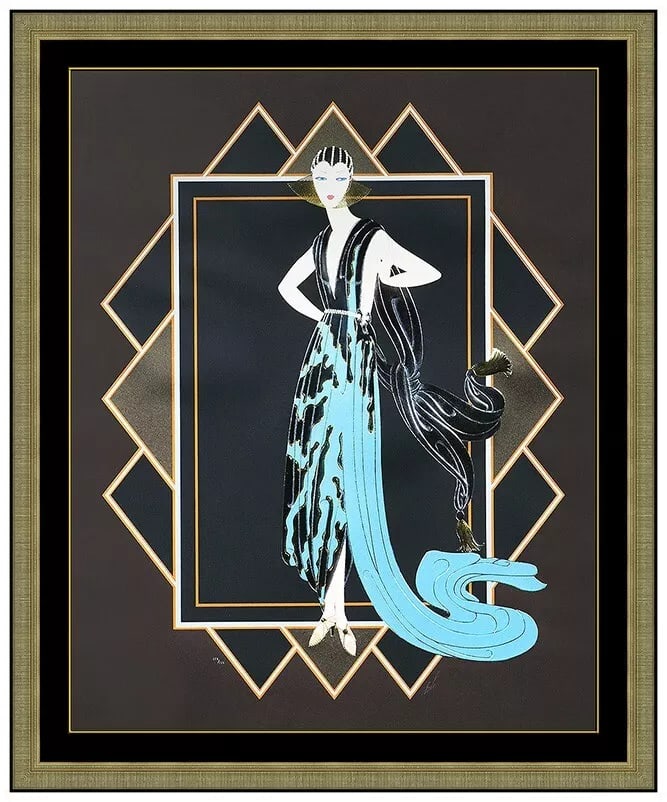 Erte Embossed Color Serigraph California Signed Female Costume Design Framed Art (1 of 6)