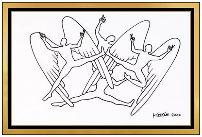 Mark Kostabi Original Ink Drawing Faceless Figures Hand-Signed Modern Framed Artwork