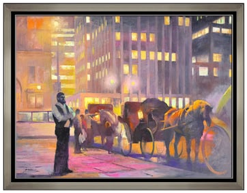 Hongnian Zhang Original Large Oil Painting on Canvas Cityscape with Horse Signed Artwork