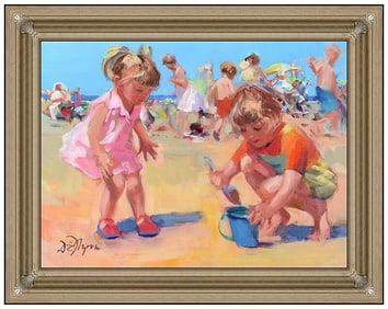 Dianne Flynn Original Oil Painting on Canvas Kids Beach Scene Signed Framed Artwork