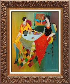 Itzchak Tarkay Color Serigraph on Canvas Female Portrait at Café Hand-Signed Artwork