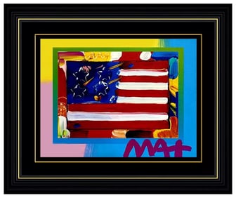 Peter Max Original Mixed Media Painting American Flag with Heart Signed Framed Artwork