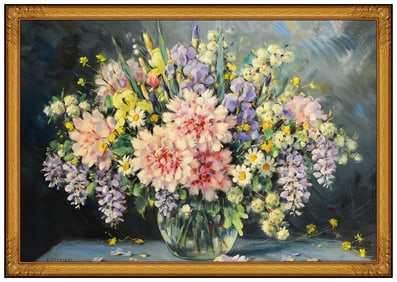 Alfio Paolo Graziani Original Oil Painting on Canvas Large Flower Signed Framed Artwork