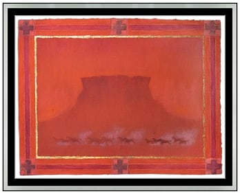 Paul Brach Original Pastel and Gold Leaf Painting Landscape with Horses Signed Framed Artwork