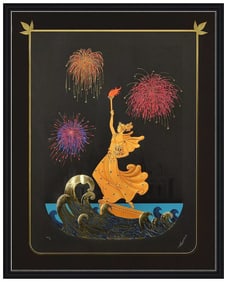 Erte Embossed Statue of Liberty Night Serigraph Large Hand-Signed Framed Artwork