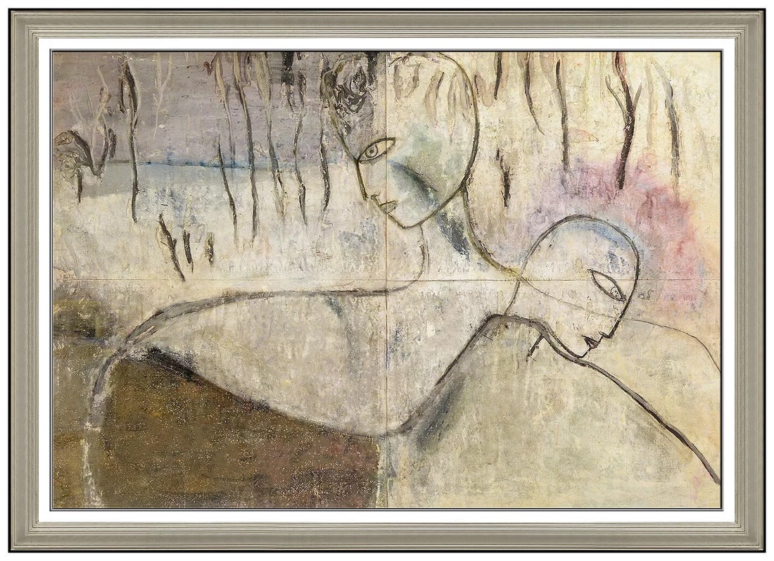 Jamali Large Pigmentation Portrait Painting on Cork Signed Framed Artwork: This lot includes:Gallery COA & free domestic shipping (*insurance and international shipping for an additional charge)Artist: JamaliTitle: Lovers Medium: Pigmentation Painting on CorkSize: 51" x 74"F