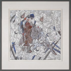 Jiang Tie Feng "Mother and Child" Original Mixed Media on Rice Paper Abstract Expressionist Female
