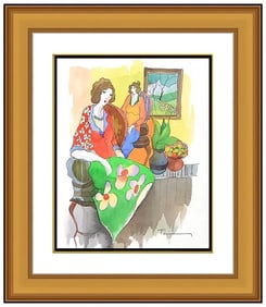 Itzchak Tarkay Original Cafe Watercolor Painting Signed Framed Portrait Art