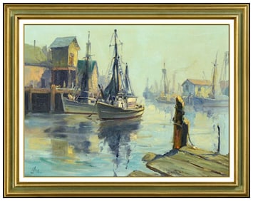 Ralph Love Original Gloucester Harbor Oil Painting Signed Framed Art