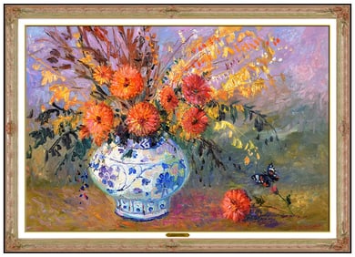 Jeanette Leuers Floral Oil Painting Signed Large Framed Canvas Artwork
