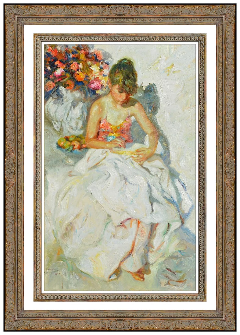 Jose Royo Original Oil Painting Female Portrait Flowers Signed Artwork (1 of 4)
