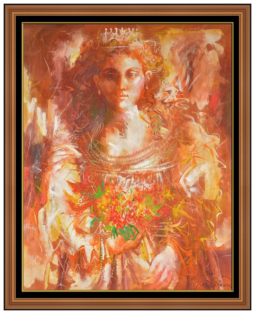 Byron Browne Female Portrait Oil Painting Signed Framed Canvas Artwork: This lot includes:Gallery COA & free domestic shipping (*insurance and international shipping for an additional charge)Artist: Byron BrowneTitle: Primavera Medium: Oil Painting on CanvasSize: 38&rdquo