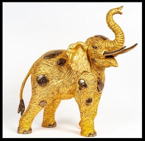 Jiang Tie Feng Golden Elephant Bronze Sculpture Signed Chinese Artwork