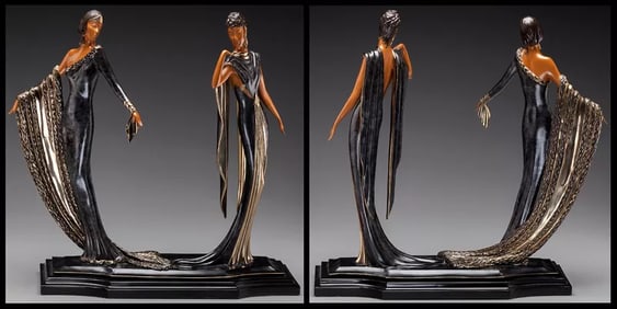 Erte Duetto Bronze Sculpture Signed Art Deco Large Female Dance Artwork