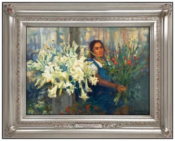 Joe Abbrescia Female Floral Portrait Painting Signed Framed Board Artwork