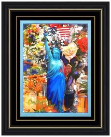 Peter Max God Bless America 911 Mixed Media Painting Signed Framed Pop Art