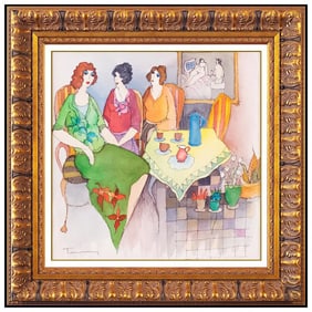 Itzchak Tarkay Female Ladies Cafe Watercolor Painting Signed Framed Art