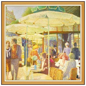 Louis Fabien Cafe Scene Oil Painting Signed Large Framed Canvas Artwork