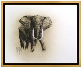Mark King Elephant Pastel Painting Signed Wildlife Framed Artwork