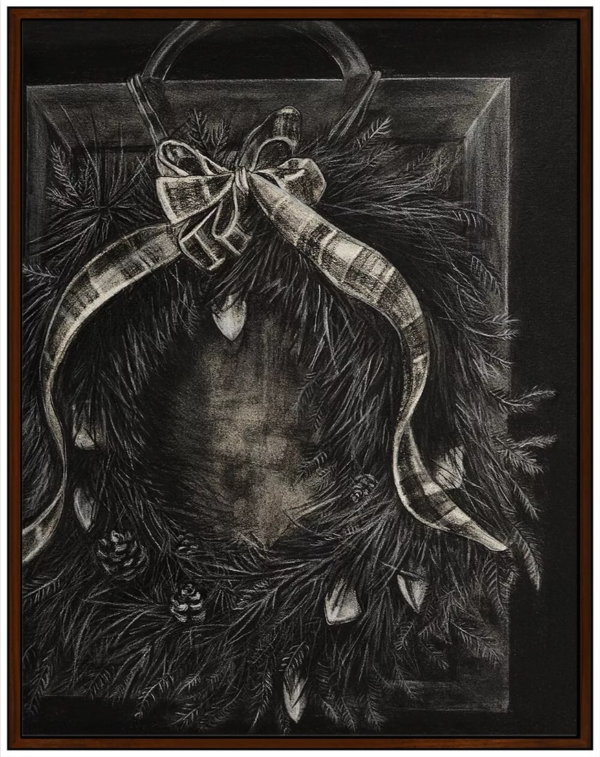 Elad Lassry Still Life Charcoal Drawing Signed Walnut Frame Artwork: This lot includes:Gallery COA & free domestic shipping (*insurance and international shipping for an additional charge)Artist: Elad Lassry Title: Wreath Plaid BowMedium: Charcoal DrawingFramed: 14 &fr