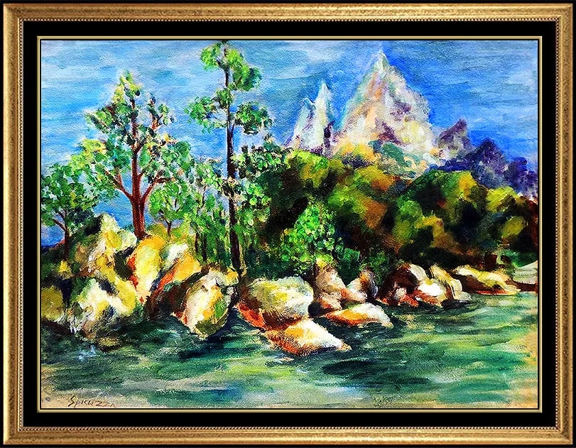 Francesco Spicuzza Signed Water Landscape Original Oil Painting on Board Artwork: This lot includes: Gallery COA & free domestic shipping (*insurance and international shipping for an additional charge) Artist: Francesco Spicuzza Title: Backdrop at the Lake Medium: Oil On Board Siz