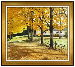 William E Baldwin Large Signed Fall Landscape Original Oil Painting on Board