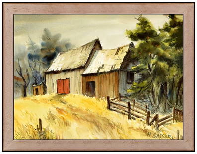 Henry Martin Gasser Signed Rural Landscape Original Watercolor Painting: This lot includes:Gallery COA & free domestic shipping (*insurance and international shipping for an additional charge)Artist: Henry Martin Gasser Title: The Barns Medium: WatercolorSize: 12" x 16" Fr