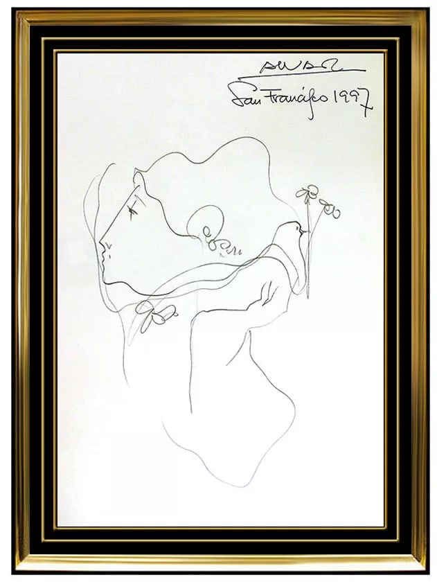 Sunol Alvar Signed Romantic Dove Music Original Ink Drawing Portrait (1 of 3)