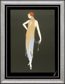 Erte 'Ingenue' Signed Art Deco Fashion Design Dress Embossed Color Serigraph