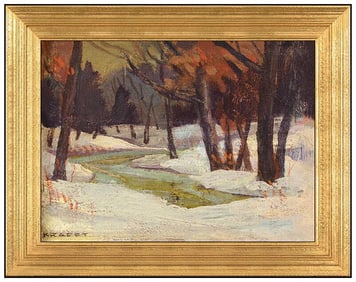 Carl Krafft Signed Winter Landscape Original Painting on Board Framed
