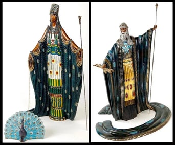 Erte 'Hera Zeus Peacock' Signed 3 Piece Suite Original Bronze Sculpture Rare