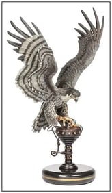 Chester Fields 'Falcon Crest' Signed Bird Nature Full Round Bronze Sculpture