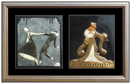 Erte 'Rigoletto Pas De Deux 2' Signed Deco Bronze Relief Sculpture Framed