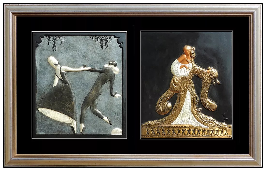 Erte 'Rigoletto Pas De Deux 2' Signed Deco Bronze Relief Sculpture Framed (1 of 7)