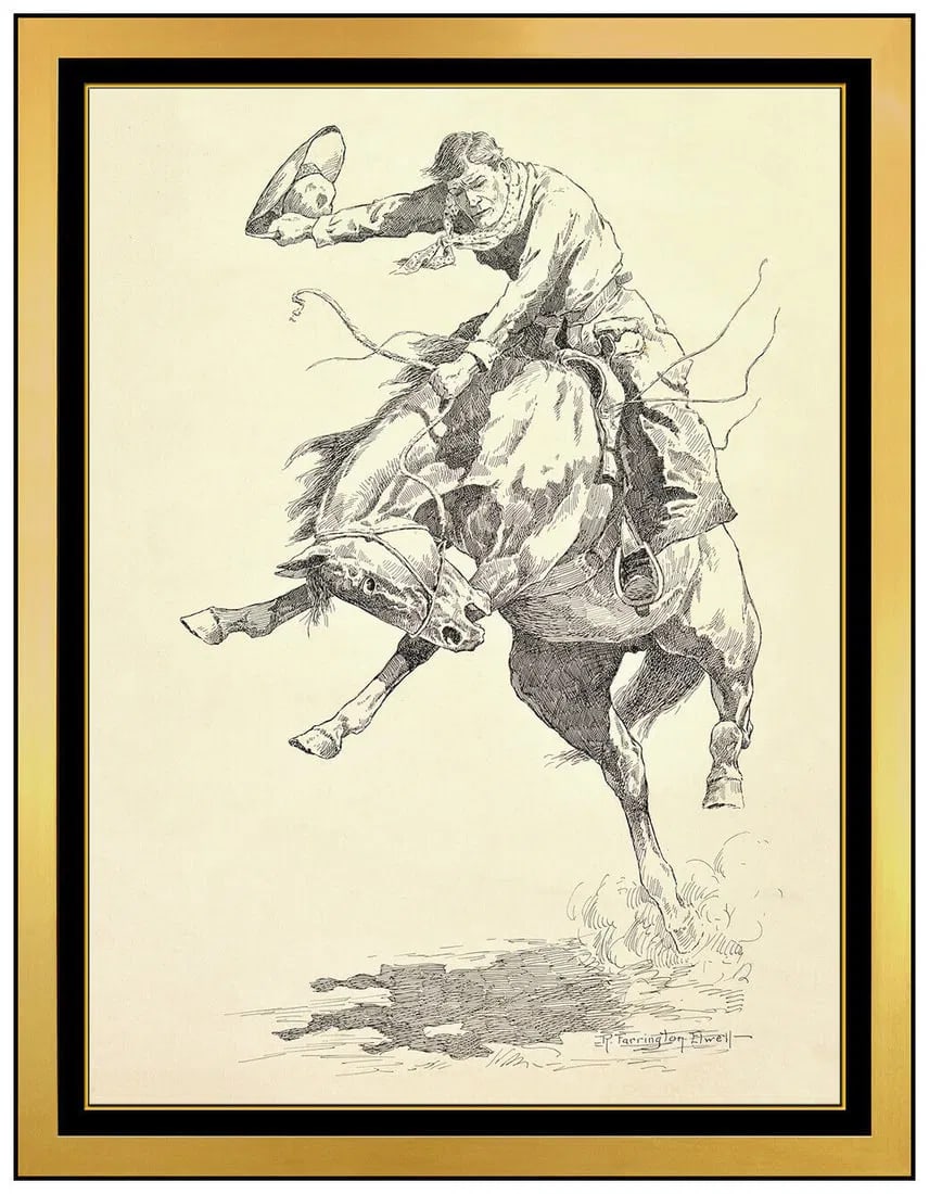 Robert Farrington Elwell Signed Western Rodeo Horse Original Ink Drawing (1 of 4)