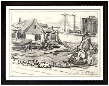 Emile Gruppe Signed Gloucester Harbor Original Charcoal Drawing Framed