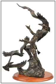 Buck Mccain 'Soaring Spirits' Signed Native American Portrait Bronze Sculpture
