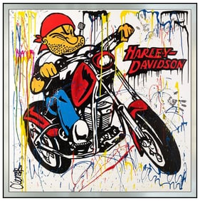 Clem$ Large Signed Popeye Harley Davidson Pop Art Acrylic on Canvas