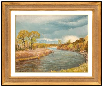 Lee Stroncek Signed Water Landscape River Fishing Original Oil on Board