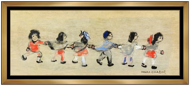 Moura Chabor Rare Signed Children Portrait Original Oil Painting Framed