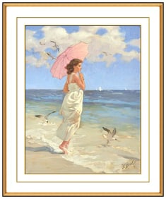 Al Buell Beach Scene Portrait Oil Painting On Canvas Signed Framed Art