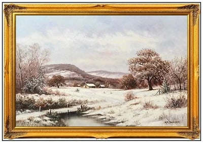 William Robert Thrasher Winter Landscape Oil Painting On Canvas Signed Artwork