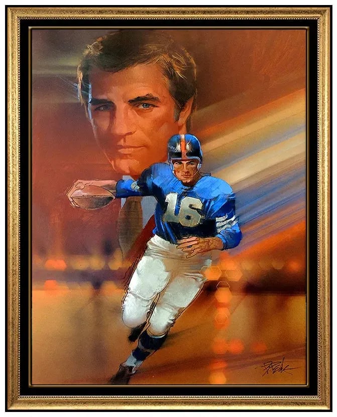 Robert Bob Peak New York Giants Football Large Oil Painting On Board Signed Art: This lot includes:Gallery COA & free domestic shipping (*insurance and international shipping for an additional charge)Artist: Robert Bob PeakTitle: Hall of Famer Frank GiffordMedium: Pastel and Gouac