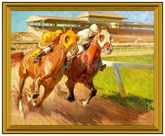 Robert Lougheed Large Horse Racing Oil Painting On Board Signed Artwork