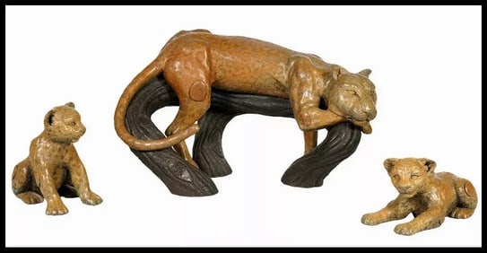 Jiang Tie Feng Leopard Family Full Round Large Bronze Sculpture Signed Art