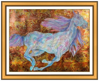 Guillaume Azoulay Large Horse Mixed Media Painting Signed Framed Artwork