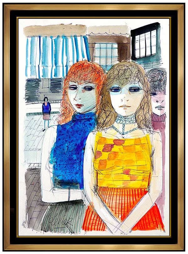 Charles Levier Female Portrait Gouache Painting Hand Signed Framed Artwork: This lot includes:Gallery COA & free domestic shipping (*insurance and international shipping for an additional charge)Artist: Charles LevierTitle: Ladies of the StreetMedium: Gouache PaintingSize: 28