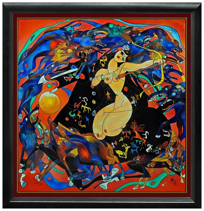 Jiang Tie Feng Huntress Large Nude Portrait Horse Color Serigraph Signed Art: This lot includes:Gallery COA & free domestic shipping (*insurance and international shipping for an additional charge)Artist: Jiang Tie FengTitle: HuntressMedium: Color SerigraphSize: 34" x 34"Framed