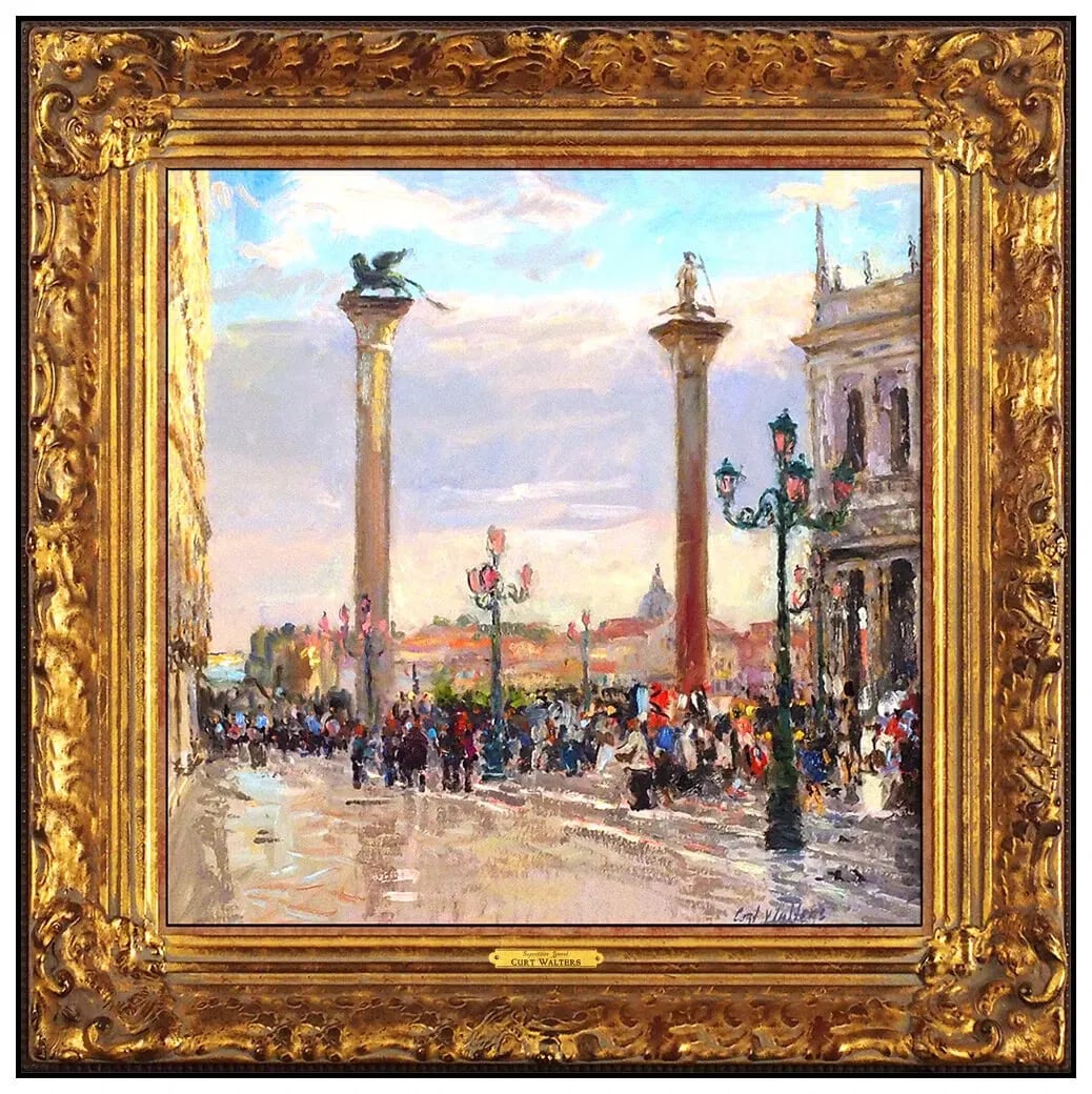 Curt Walters Italian Cityscape Oil Painting On Board Signed Framed Artwork: This lot includes:Gallery COA & free domestic shipping (*insurance and international shipping for an additional charge)Artist: Curt WaltersTitle: Superstition Ignored VeniceMedium: Oil On CanvasSize: