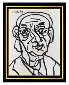 Francis Newton Fn Souza Male Portrait Ink Drawing Signed Framed Artwork